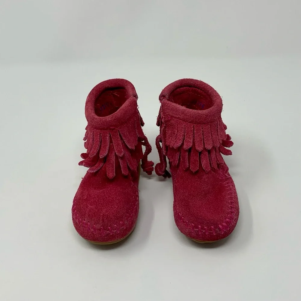 Minnetonka Baby Girls Hot Pink Suede Double Fringe Moccasin Boots Shoes Size 2